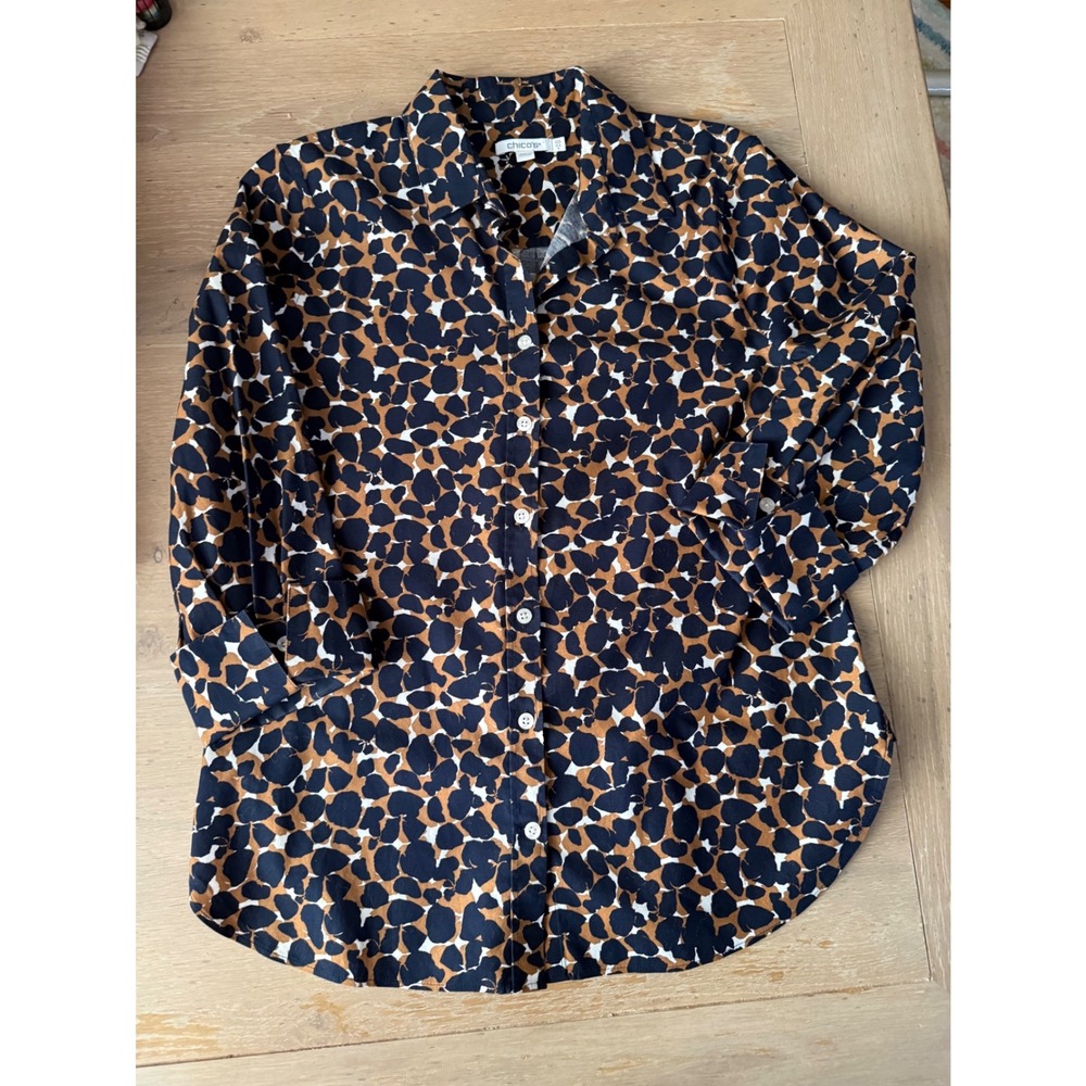 Chicos Women Navy Tan Abstract Pebble Print Button Down Shirt Size M 3/4 Sleeve
